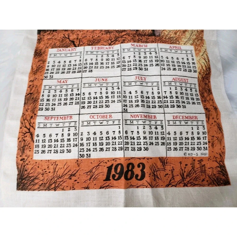 Vintage Retro 1983 Calender Tea Towel FALL Autumn Barn Farm Kitchen Cottagecore